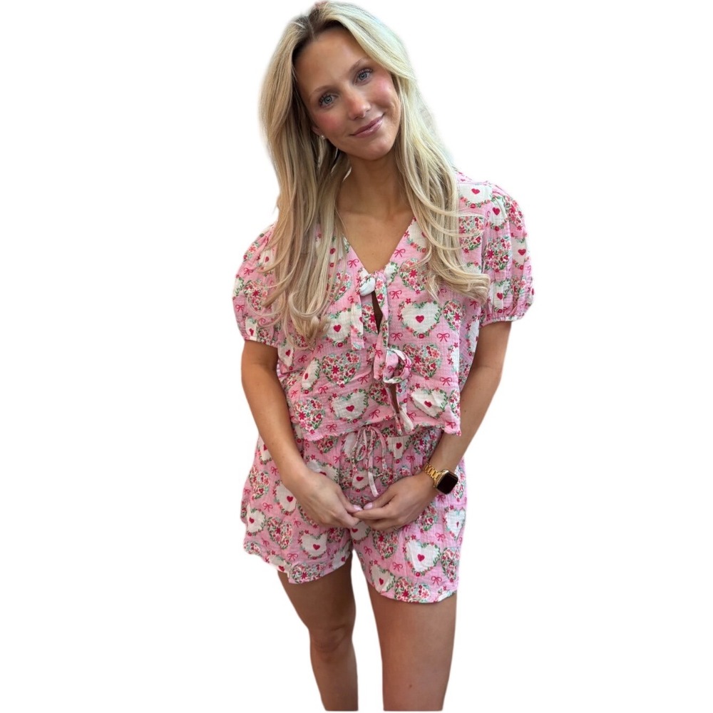 Peach Love California Pink Heart Floral Gauze Pajamas Tie Front Top Shorts L